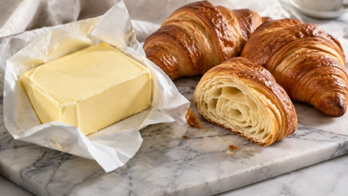 A block of butter half unwrapped beside croissants, one cut open to show its layers