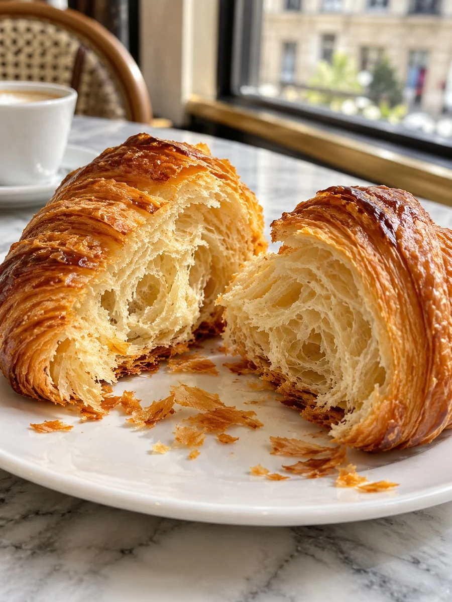 A butter croissant torn open to show its honeycomb of thin layers
