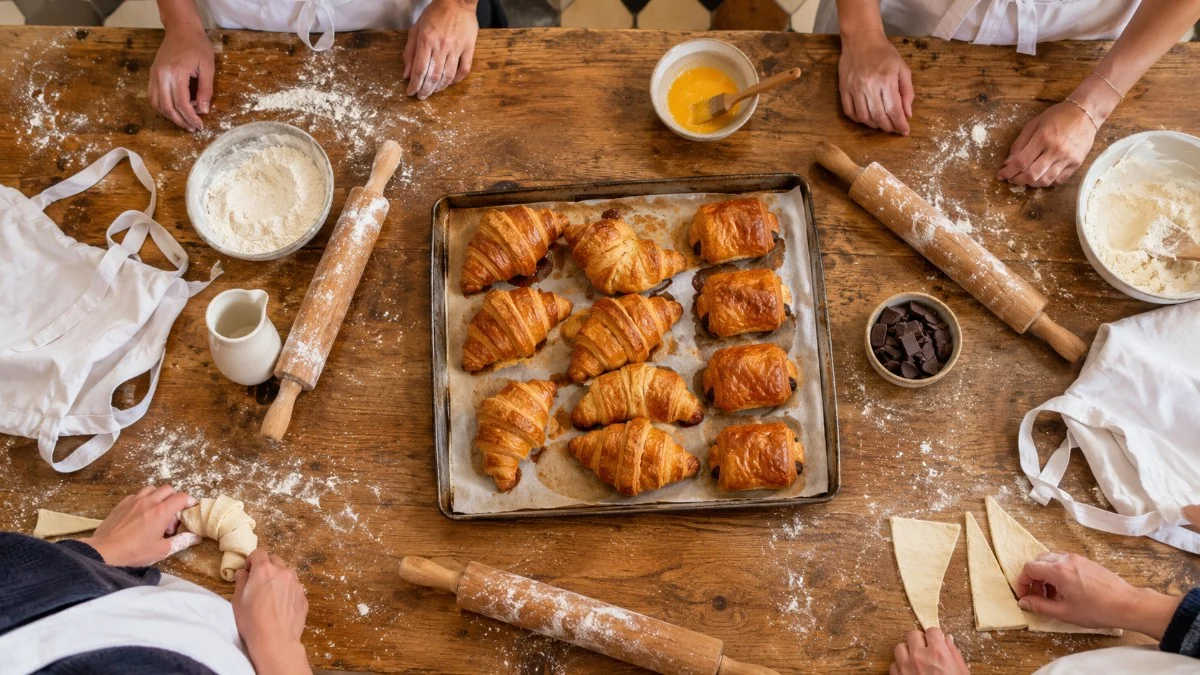 A floured class workbench with rolling pins, aprons and a tray of baked croissants
